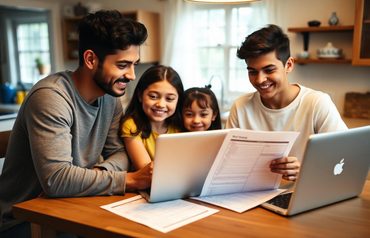 A family working through a financial worksheet together at home